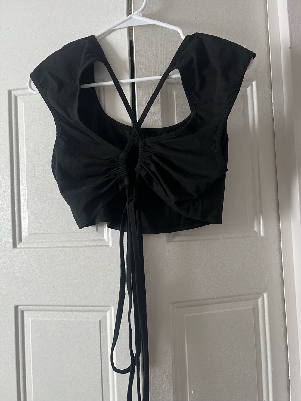 Black Ruched Front Crop Top with Tie-Back